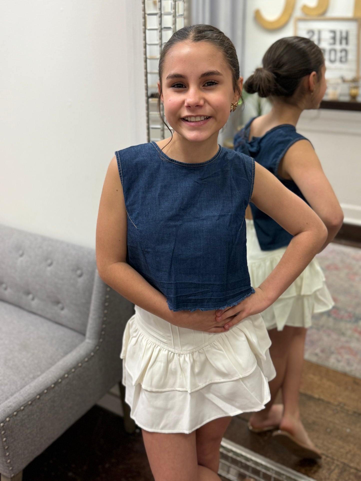 Denim Sleeveless Bow Back Detail Top