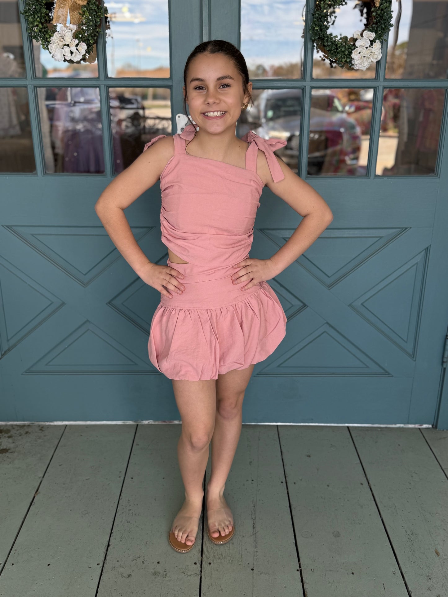 Pink Gathered Tie Strap Top
