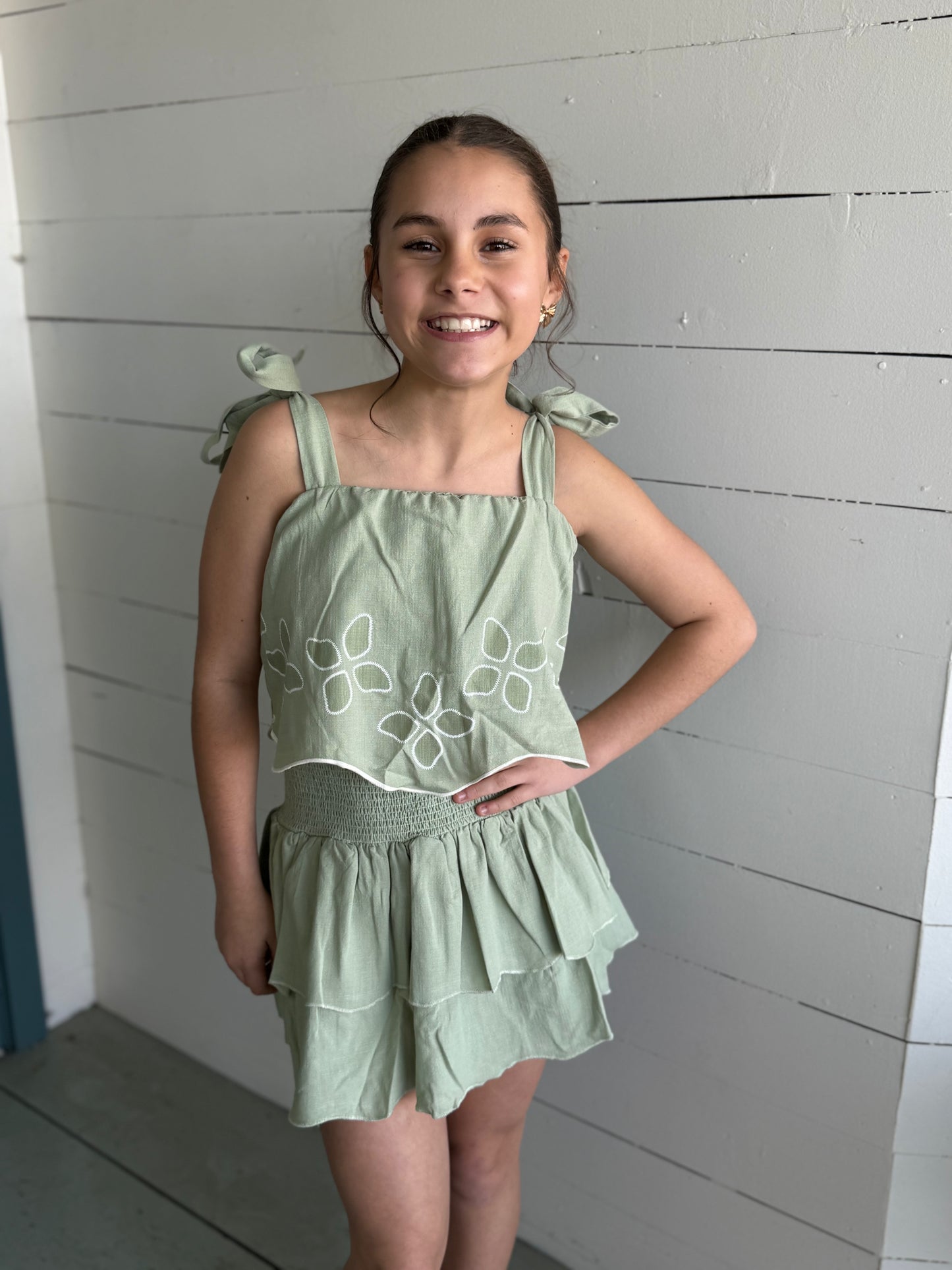 Green Tiered Elastic Waist Skirt