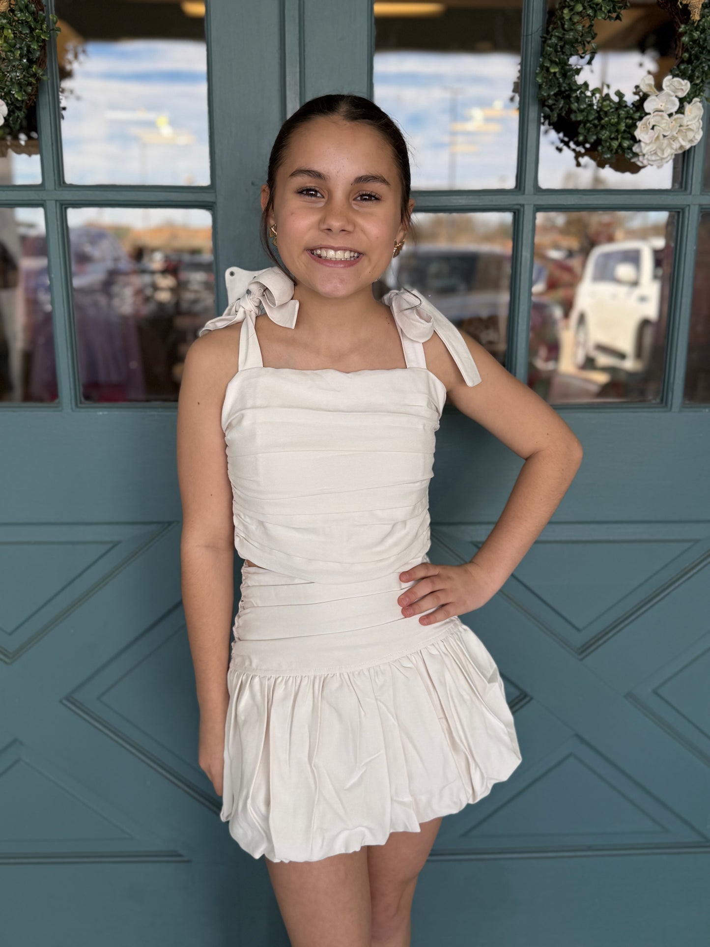 White Gathered Tie Strap Top