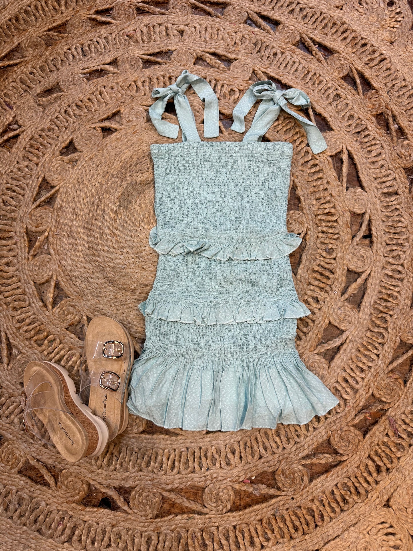 Smocked Green Dress with Tie Detail