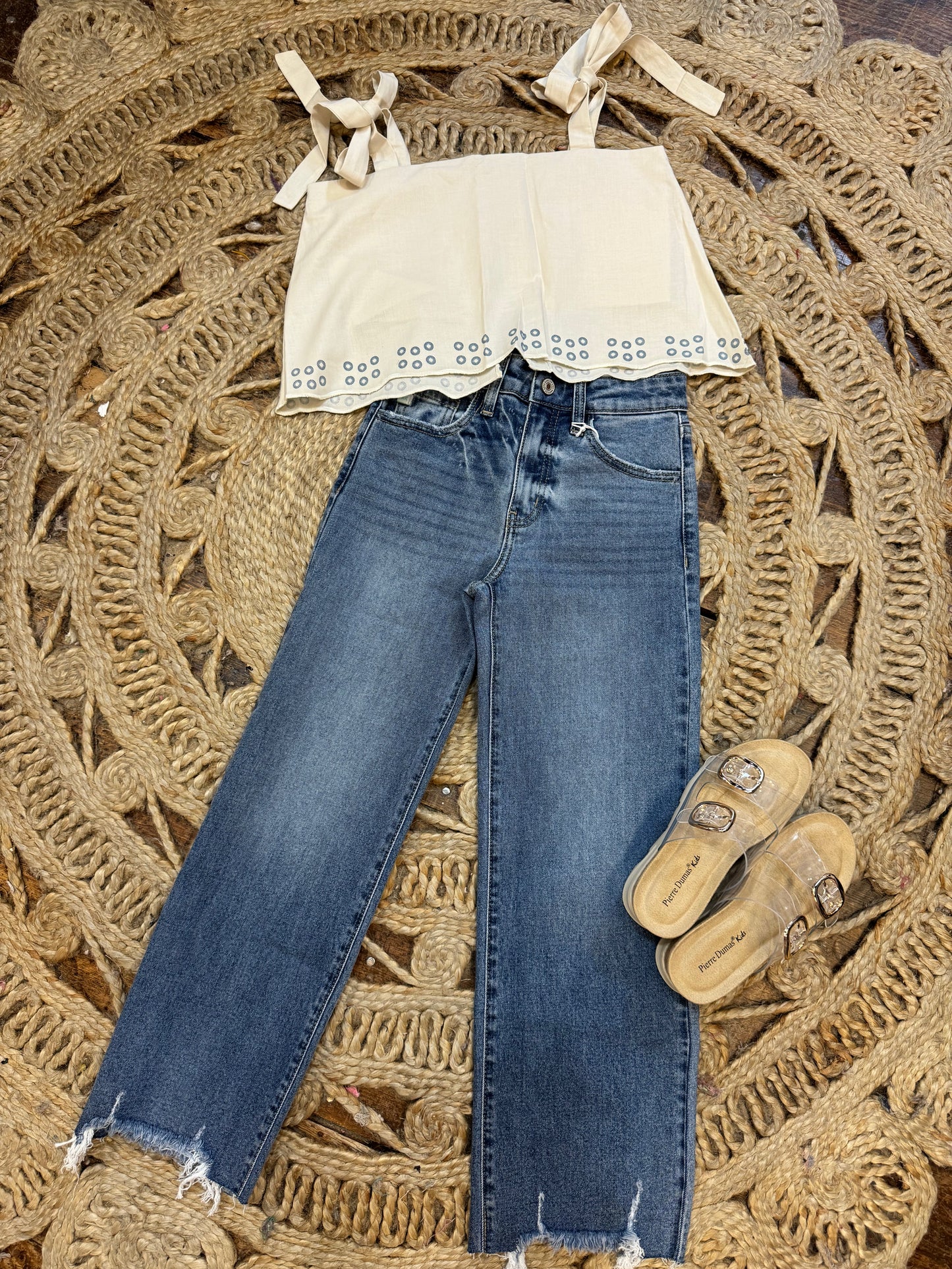 Beige Blue Circle Print Top