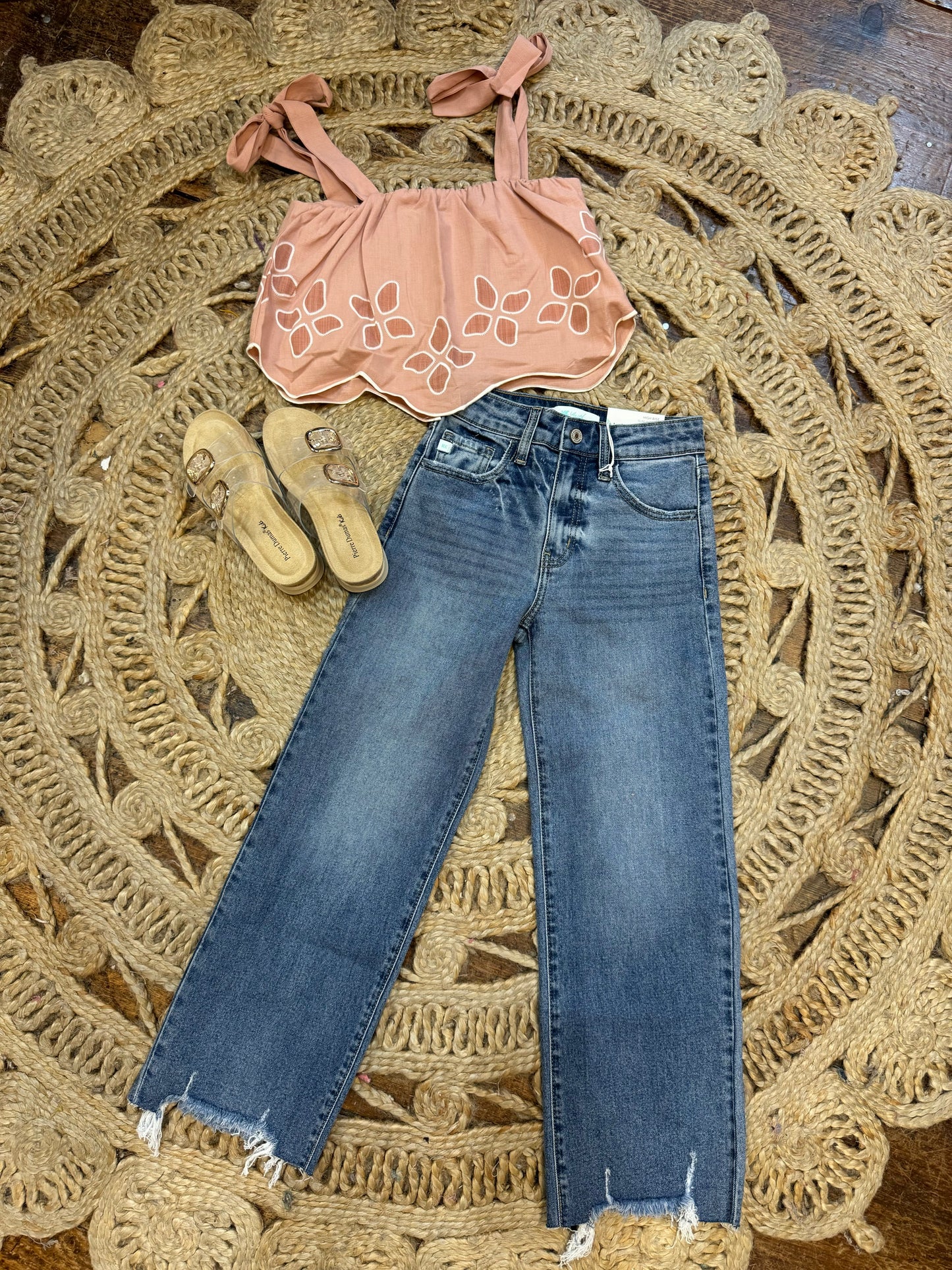 Pink Printed Leave Detail Scallop Top