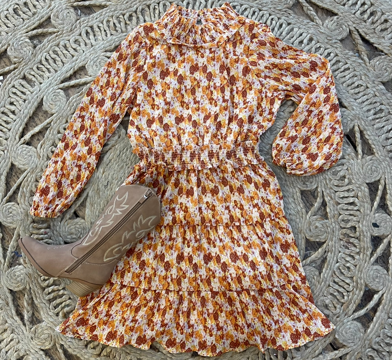 Girls Floral Print Smocked Detail Puff Sleeve Dress in Rust
