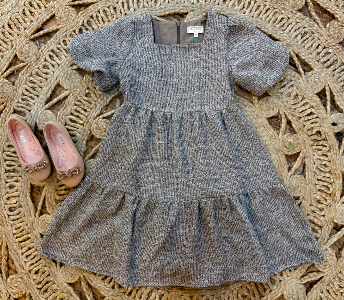 Girls Square Neck Textured Knit Bubble Sleeve