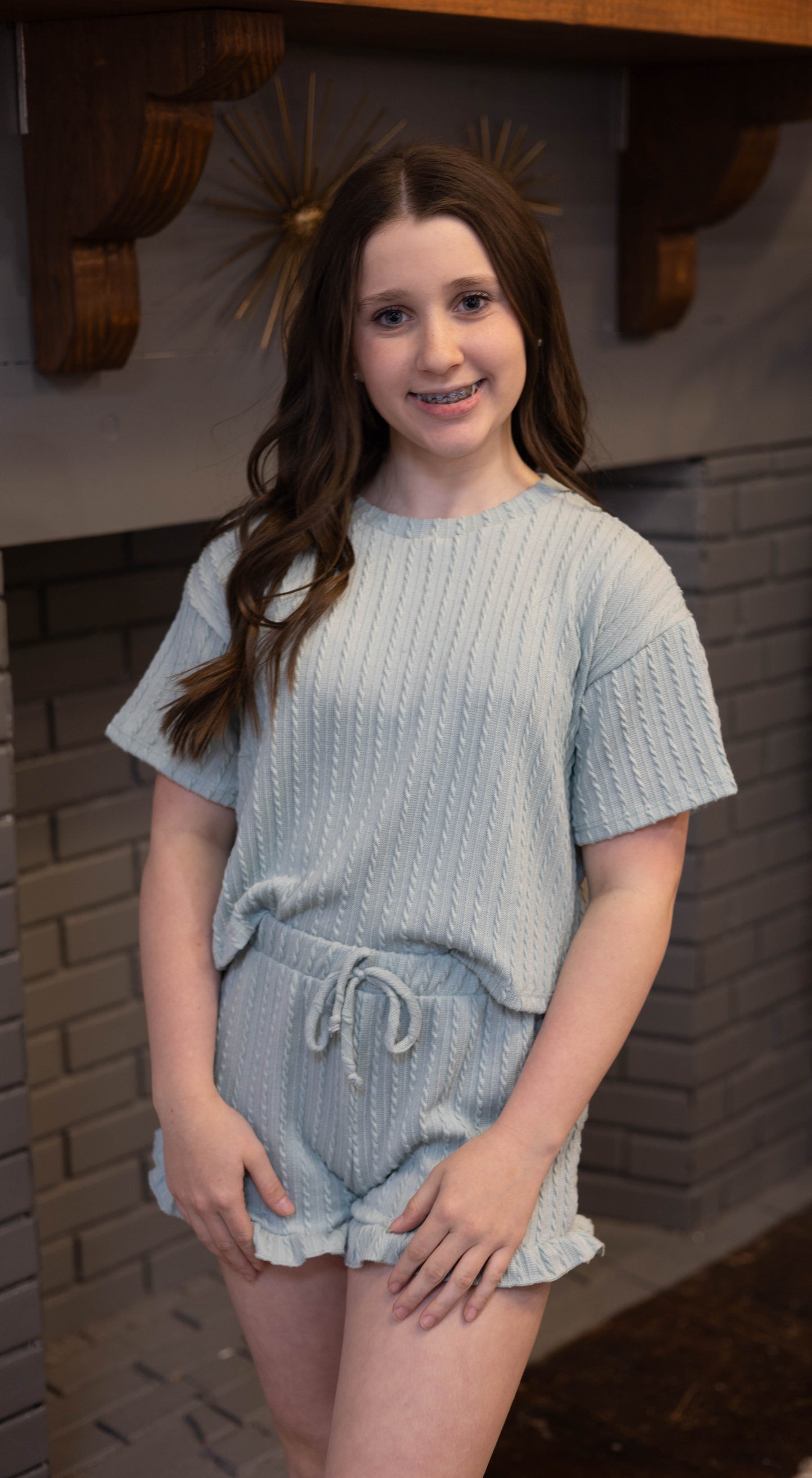 Embossed Ribbed Knit Ruffle Set in Mint