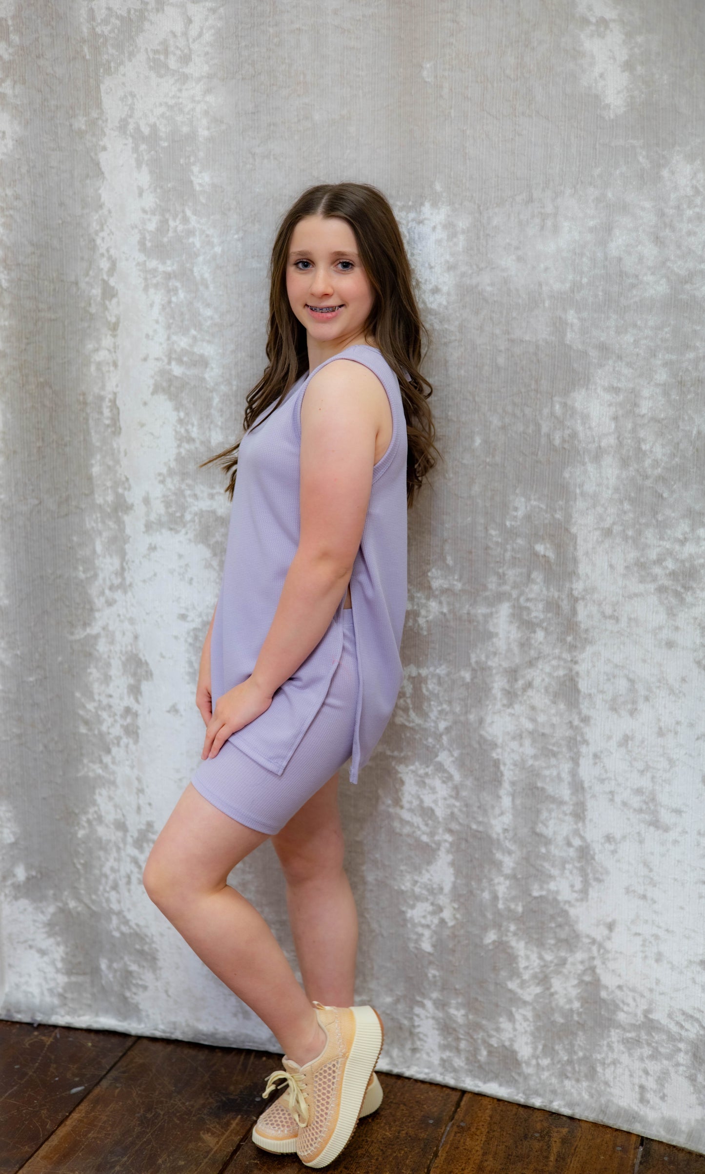 Waffle Knit Sleeveless Top and Biker Shorts Set in Lavender