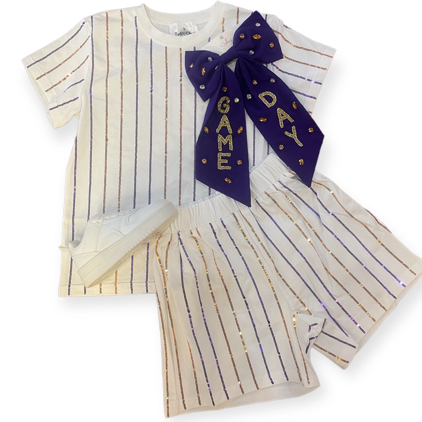Belle Cher Purple and Gold Sequin Striped Shorts