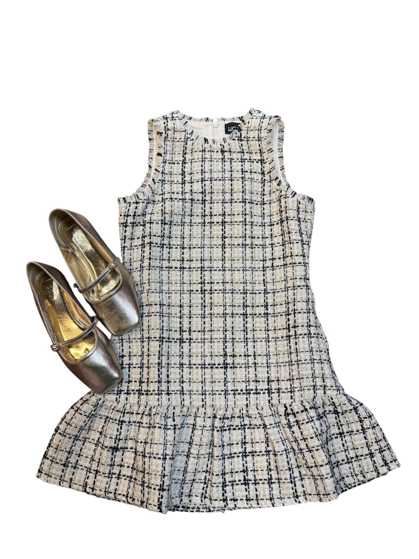 Black, White, and Gold Tweed Ruffle Dress
