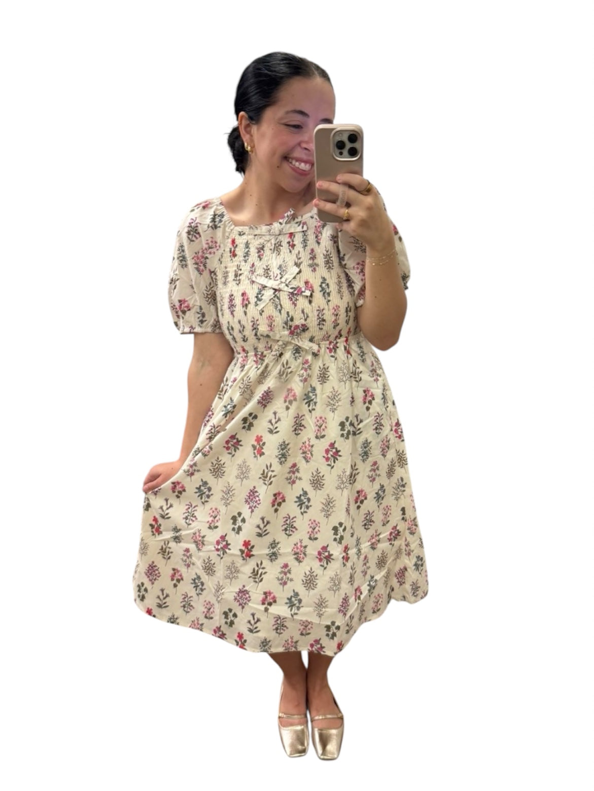 Girls Block Print Bow Detailed Smocked Dress