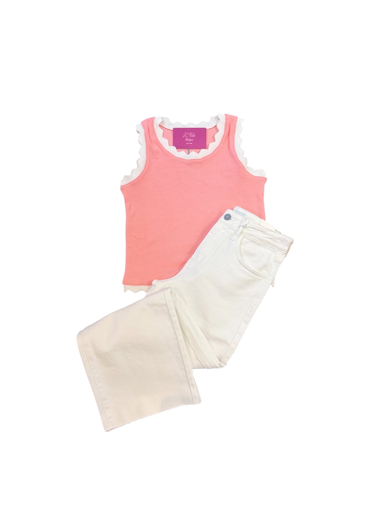 Girls Contrast Scalloped Detail Knit Tank Top in Pink