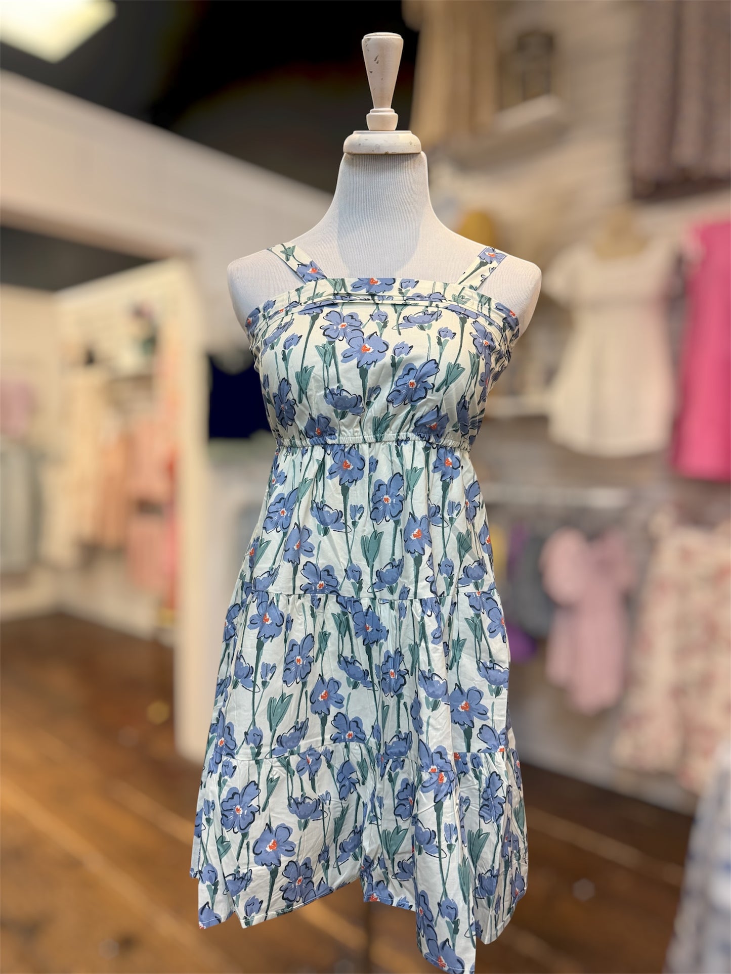 Girls Floral Print Pleat Detail Sleeveless Poplin Dress