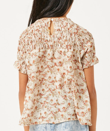 Girls Paisley Print Smocked Top in Tan