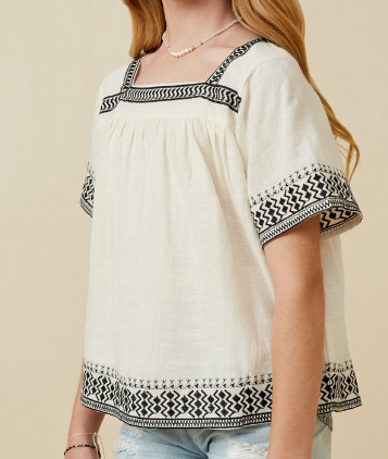Girls Cotton Slub Textured Embroidered Square Neck