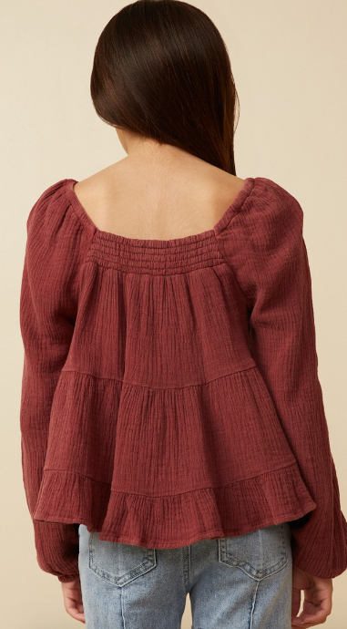 Girls Smock Detailed Textured Washed Peplum Top in Rust