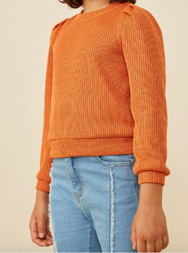 Girls Ribbed Knit Banded Detail Mock Top in Rust