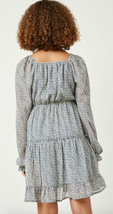 Girls Smocked Square Neck Floral Mini Dress in Blue