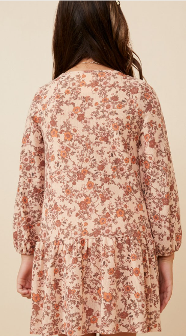 Girls Antique Floral Print Drop Waist Knit Dress