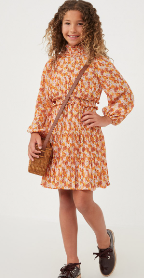 Girls Floral Print Smocked Detail Puff Sleeve Dress in Rust
