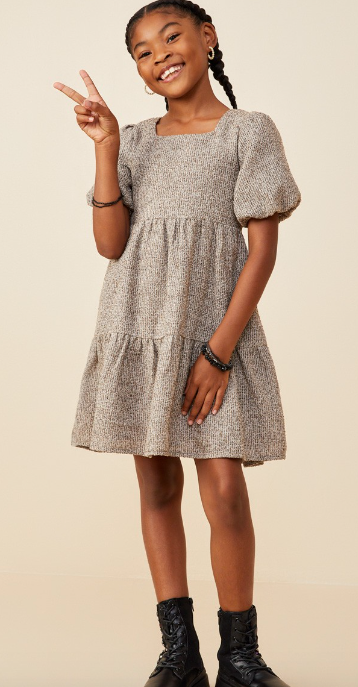 Girls Square Neck Textured Knit Bubble Sleeve