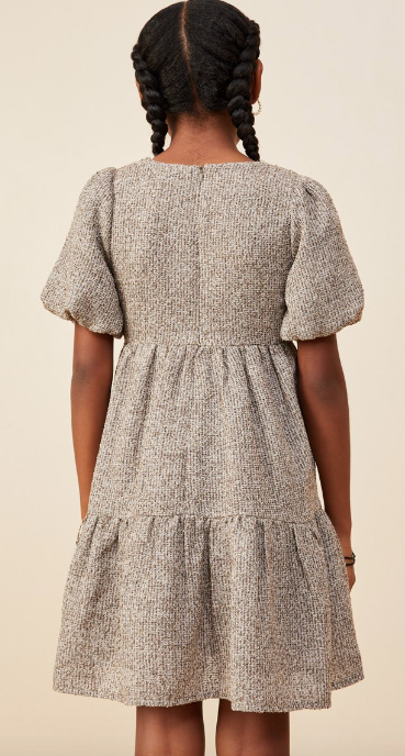 Girls Square Neck Textured Knit Bubble Sleeve