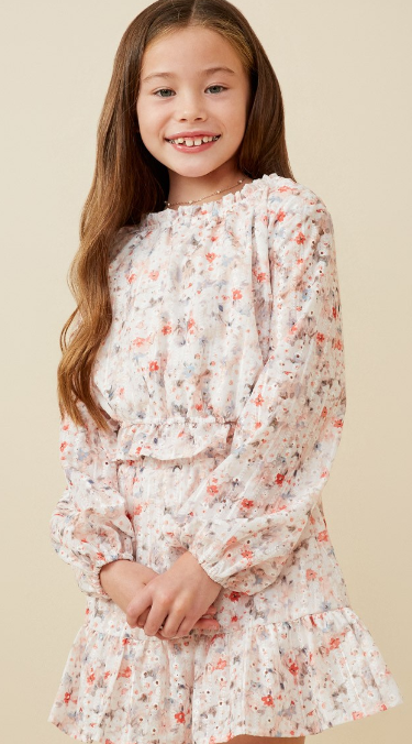 Girls Eyelet Embroidered Floral Cinch Waist Top