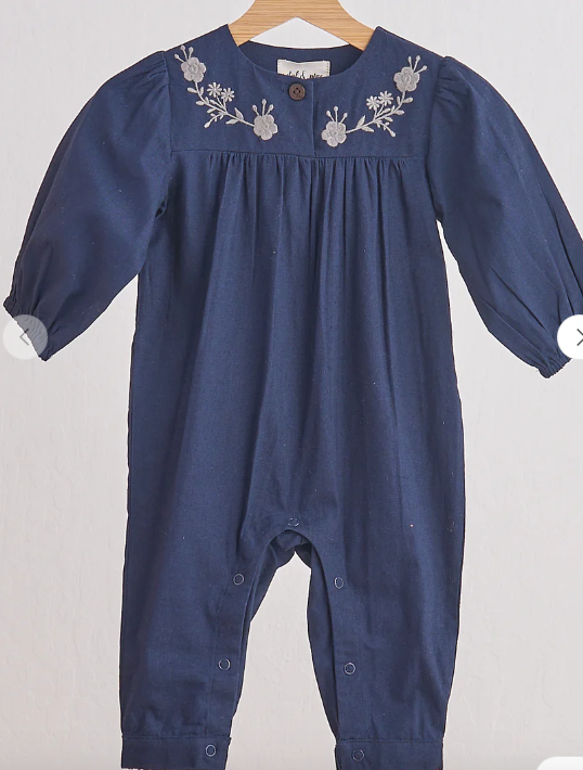 NAVY FLORAL EMBROIDERY LINEN GIRL ROMPER