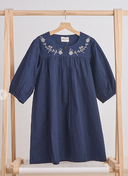 NAVY FLORAL EMBROIDERY LINEN GIRL DRESS
