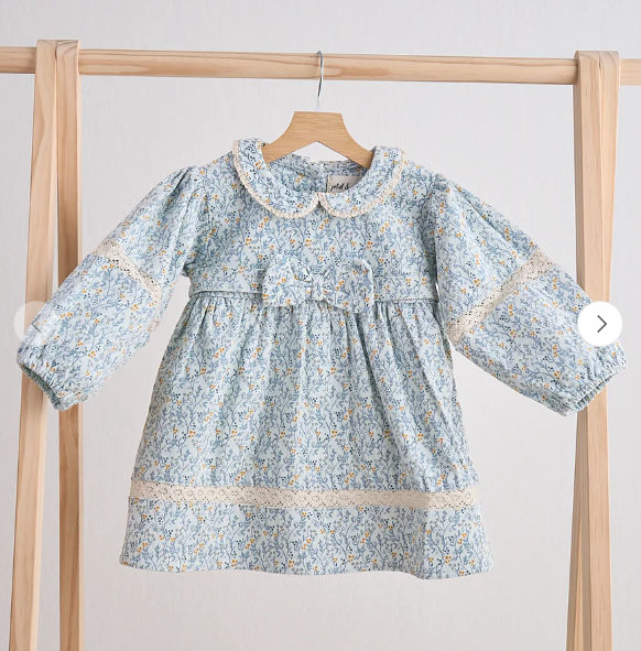 BLUE FLORAL CORDUROY LACE DRESS