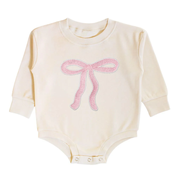 Coquette Bow Patch Long Sleeve Romper - Natural