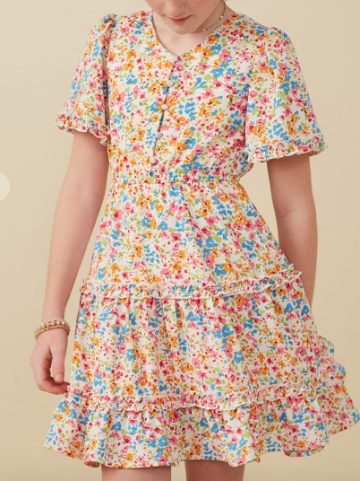 Girls Ditsy Floral Ruffle Tiered Button Dress
