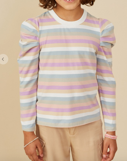 Girls Multicolor Stripe Puff Shoulder Knit Top