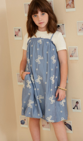Girls Crochet Bow Embroidered Balloon Hem Dress