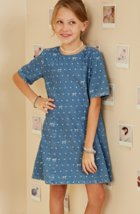 Girls Polka Dot And Bow Print Denim Dress