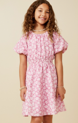 Girls Textured Floral Side Puff Sleeve Dress