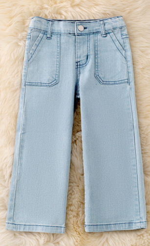 Wide leg cut denim pants with adjustable waistband .