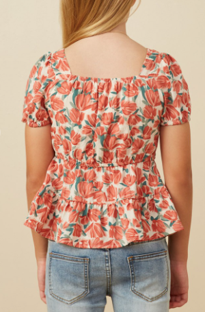Girls Smocked Puff Sleeve Peplum Top
