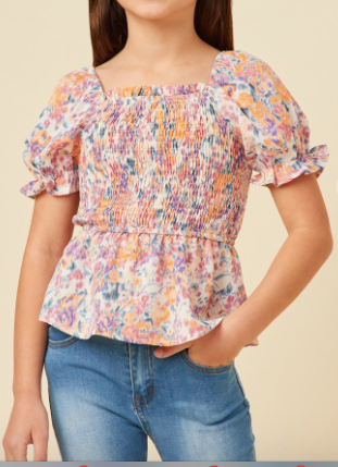 Girls Floral Puff Sleeve Smocked Top