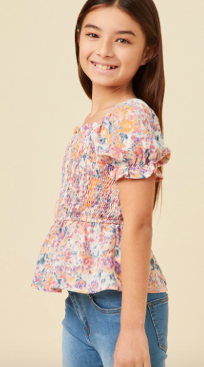 Girls Floral Puff Sleeve Smocked Top