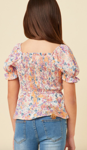 Girls Floral Puff Sleeve Smocked Top