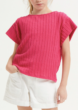 Embossed Ribbed Knit Cap Sleeve Top in Hot Pink