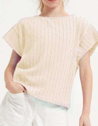 Embossed Ribbed Knit Cap Sleeve Top in Natural