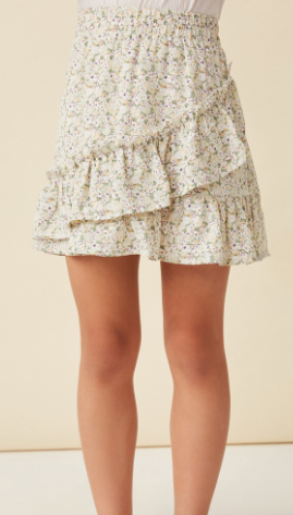 Ditsy Floral Elastic Waist Asymmetric Ruffle Skirt