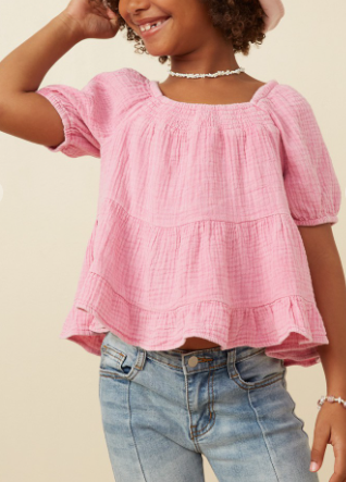 Girls Washed Smock Detail Puff Sleeve Gauze Top in Pink