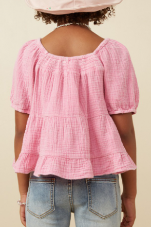 Girls Washed Smock Detail Puff Sleeve Gauze Top in Pink