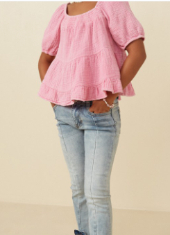 Girls Washed Smock Detail Puff Sleeve Gauze Top in Pink