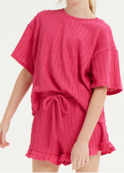 Embossed Ribbed Knit Ruffle Set Hot Pink