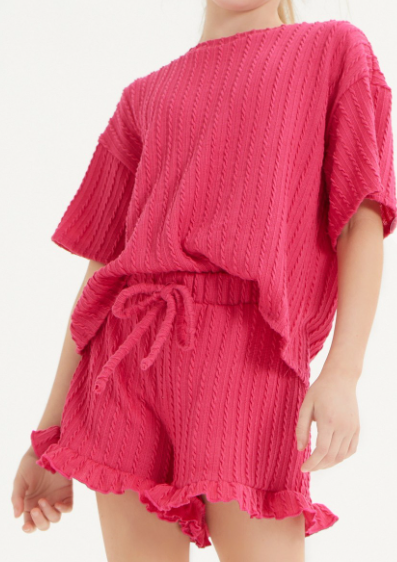 Embossed Ribbed Knit Ruffle Set Hot Pink