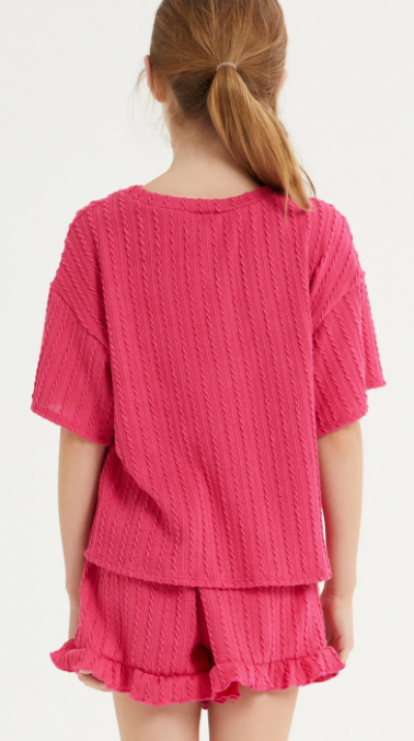 Embossed Ribbed Knit Ruffle Set Hot Pink