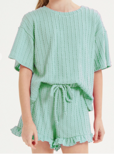 Embossed Ribbed Knit Ruffle Set in Mint